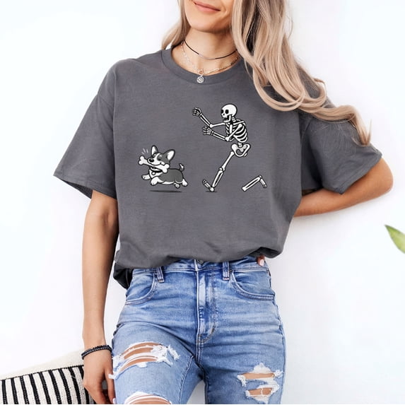 Skeleton Chasing Corgi Halloween Vibe Corgi Dog Lover T-Shirt, Fullsizes S-5XL Multicolors T-Shirt