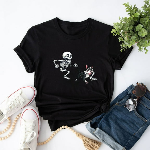 Skeleton Chasing Dog Boston Terrier Halloween Pet Lover T-Shirt