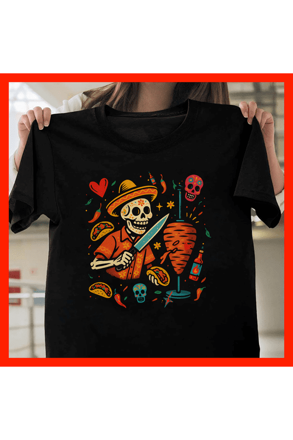Skeleton Chef Taco Fiesta T-Shirt, Mexican Food Lover Graphic Tee A106, for Unisex, Up to Size 5XL