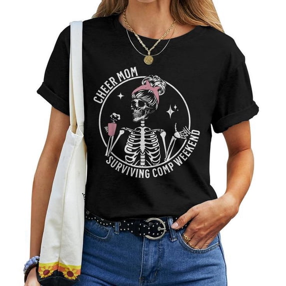 Skeleton Coffee Cheer Mom T-Shirt, Surviving Comp Weekend Women's Tee, Trendy and Fun Shirt for Cheer Moms, Perfect Gift for Moms Supporting Their Dancers or Athletes