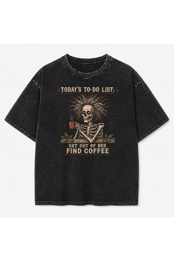 Skeleton Coffee Graphic Washed T-Shirt, Unisex Mineral Wash Tee