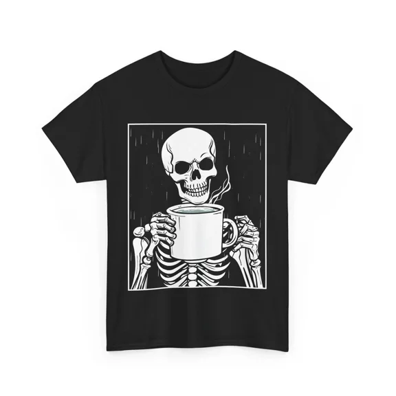 Skeleton Coffee Lover Rainy Day Mug Caffeine Addiction Horror Unisex T-Shirt, S-5XL