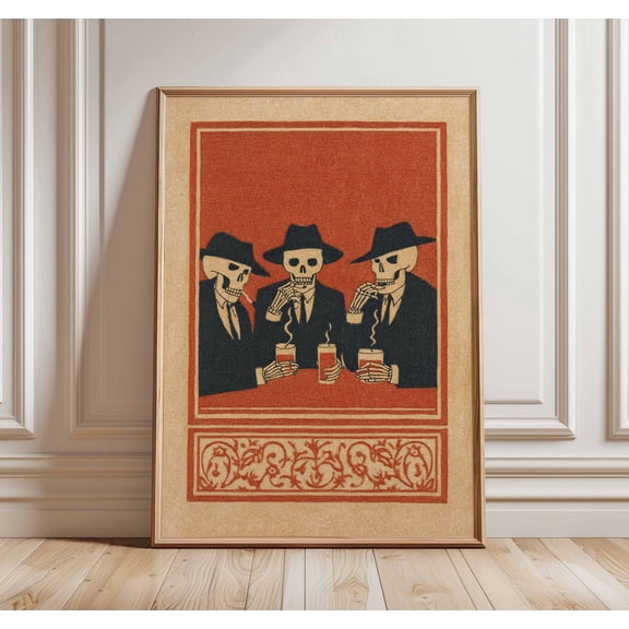 Skeleton Coffee Poster Red And Black Gothic Illustration Minimalist Wall Art