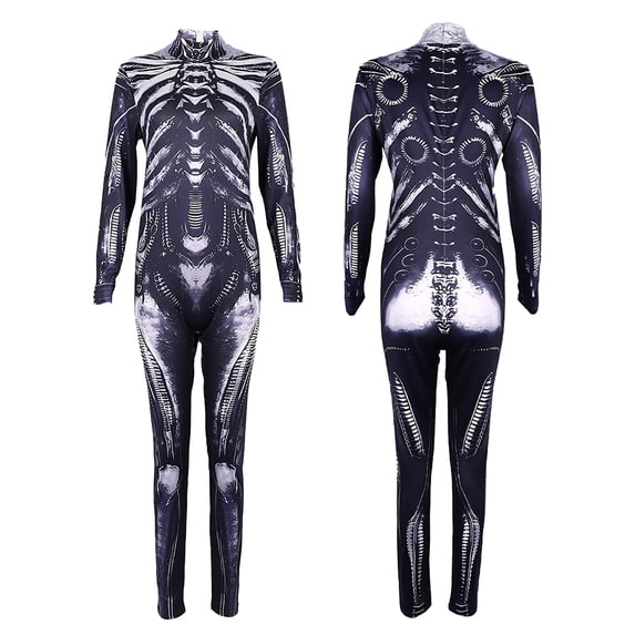 Skeleton Cosplay, Skeleton Costume, Skeleton Outfit, Mechanical Skeleton Bodysuit Costume Silver Metal Bone Print Full Body Zentai Suit Halloween Sci Fi Outfit for Movie Night, Black 110