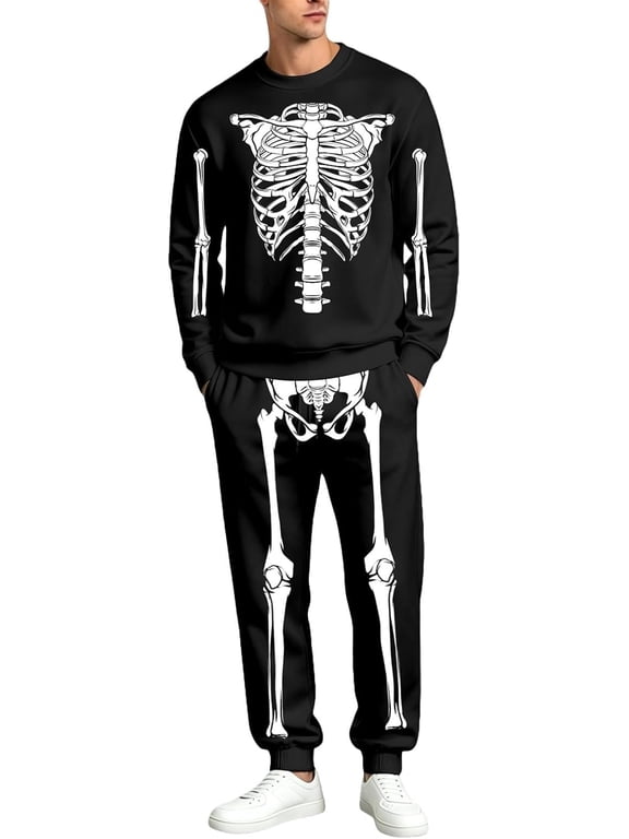 Skeleton Costume Men 2 Piece Adult Scary Halloween Sweatshirt And Jogger Pants Matching Set 2026 Fall Outfits,Large,A01-black