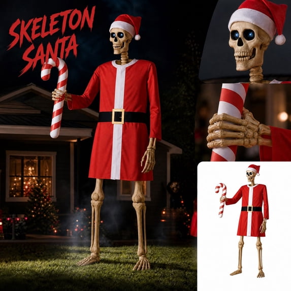 Skeleton Costume Set for Giant Skeleton Halloween Prop with Holiday Outfit Hat Belt and Candy Cane Accessory for Yard Display