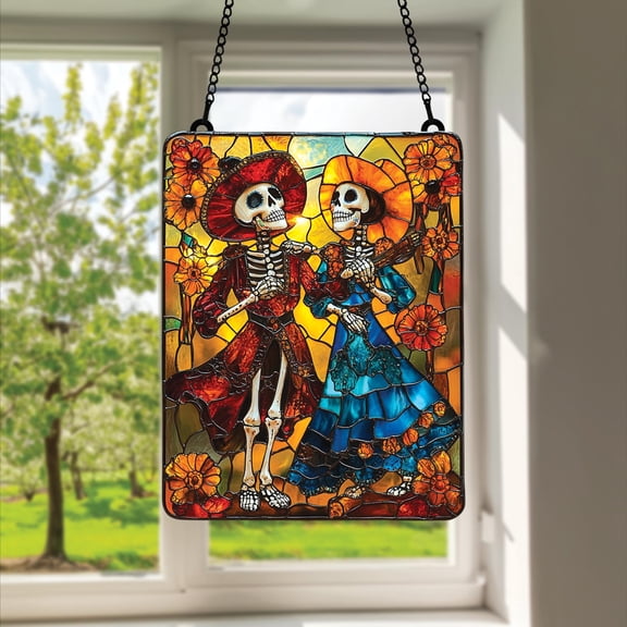 Skeleton Couple Acrylic Suncatcher Faux Glass DÃÂa de los Muertos Dancers with Marigold Flowers, Colorful Mexican Window Decor for Halloween
