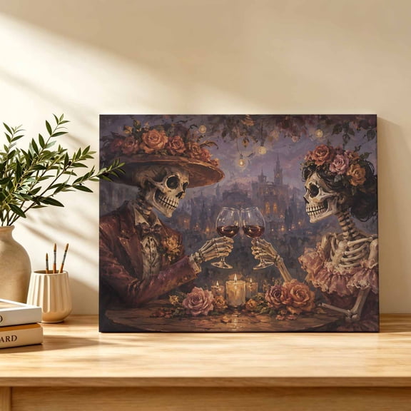 Skeleton Couple Canvas Wall Art, Halloween Evening Castle Skulls Dark Rose Garlands Wall Art Prints Artwork Framed Canvas Ready to Hang Art Pictures for Bathroom Bedroom Entry Desk Corner 10" x 8"