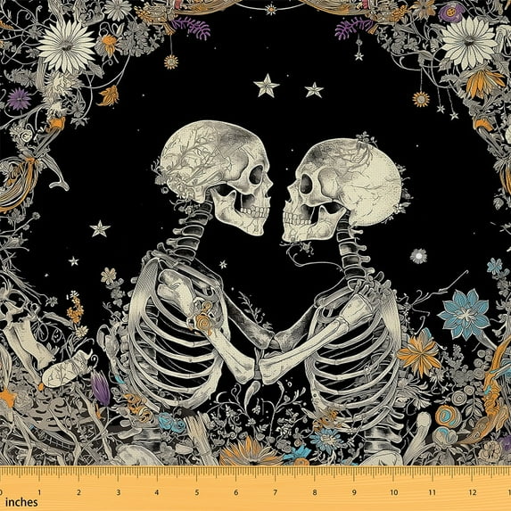 Skeleton Couple Fabric By The Yard,Anniversary Day Upholstery Fabric,Groovy Daisy Indoor Outdoor Fabric,Oil Painting Starry Sky Decorative Fabric,Beige Black,1 Yard