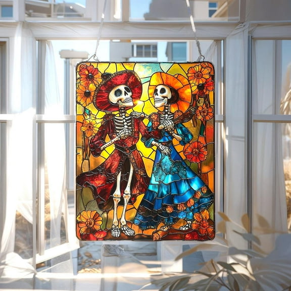 Skeleton Couple Faux Wavy Acrylic Wavy Acrylic Window Hanging – Colorful DÃa De Los Muertos Party Decor Or Gothic Gift Idea