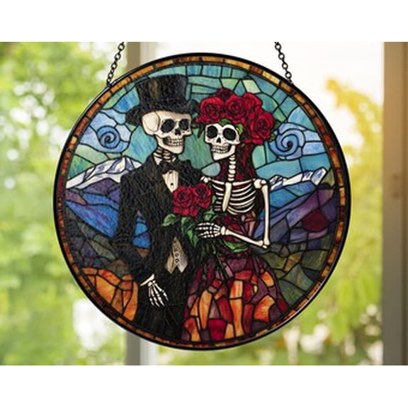 Skeleton Couple Glass Suncatcher – Day of the Dead Wedding Window Hanging, Gothic Love Glass Panel, Romantic Halloween Décor, 6.3 in
