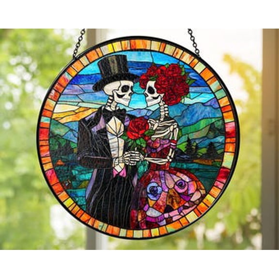 Skeleton Couple Glass Suncatcher | Gothic Day of the Dead Window Hanging | Romantic Halloween Décor Gift, 7.9 in
