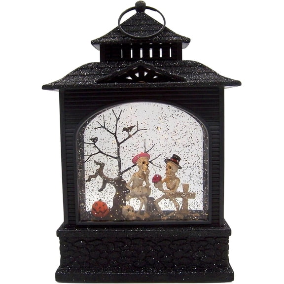 Skeleton Couple Light-Up Halloween Lantern, Glitter Swirl Spooky Dcor with Animated Scene, 11-Inch Freestanding Holiday Decoration