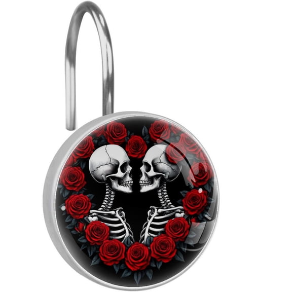 Skeleton Couple on Love Heart of Red Roses Shower Curtain Hooks Round Crystal Glass, Set of 12 Shower Curtain Rings - Shower Hooks for Curtain Shower Rings