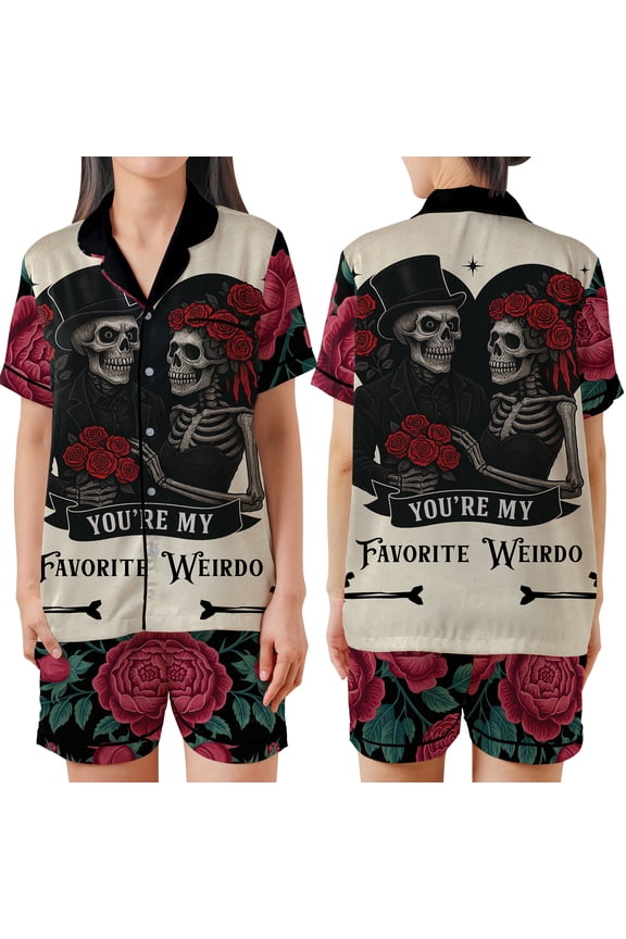 Skeleton Couple Satin Pajamas Set, Skull Roses Gothic Sleepwear, My Favorite Weirdo Pajamas Set, Valentine Nightwear