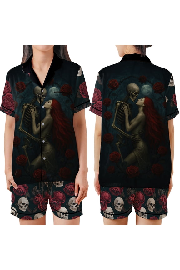 Skeleton Couple Satin Pajamas Set, Skull Roses Pattern Sleepwear, Romantic Love Loungewear, Skeleton Roses Nightwear