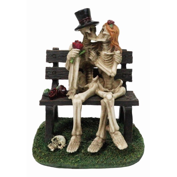 Skeleton Couple with Top Hat and Wig Sitting On Park Bench With Roses Figurine