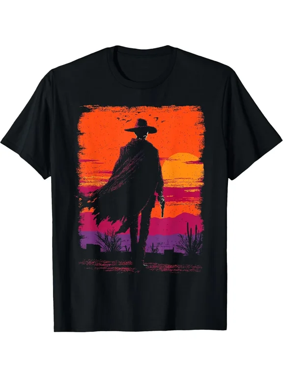 Skeleton Cowboy Gunslinger Desert Sunset Western Gothic T-Shirt
