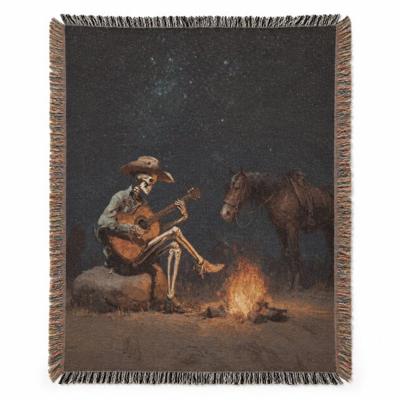 Skeleton Cowboy Woven Blanket, Gothic Western Cotton Throw with Fringed Edges