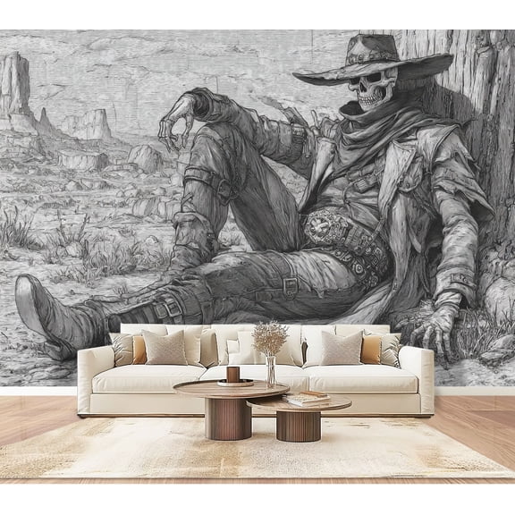 Skeleton Cowboy black white Wallpaper Reclining Desert Landscape halloween Peel and Stick Wall Murals 100"H x 144"W Removable PVC Wall Paper Self-Adhesive Wall Decor for Bedroom Living Room