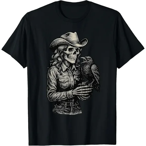 Skeleton Cowgirl Crow Cowboy Goth Skull Western Gothic Raven T-Shirt