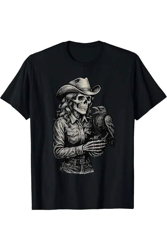 Skeleton Cowgirl Crow Cowboy Goth Skull Western Gothic Raven T-Shirt