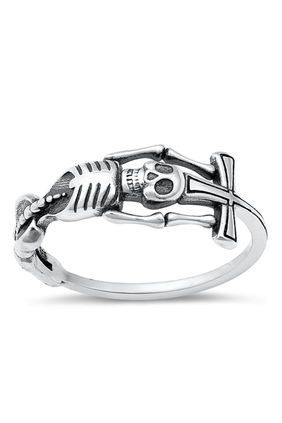 Skeleton Cross Mortality Ring .925 Sterling Silver Band Jewelry Female Male Unisex Size 8