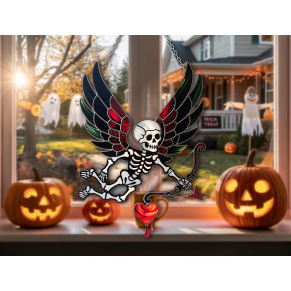 Skeleton Cupid Wavy Acrylic Suncatcher – Gothic Halloween Window Decor – Winged Skull Heart Ornament – Unique Spooky Gift Idea