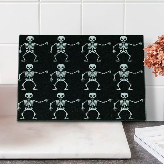 Skeleton Cutting Board, Simple Monochrome Pattern of Pointing Funny Spooky Halloween, Decorative Tempered Glass Cutting and Serving Board, in 3 Sizes, by Ambesonne