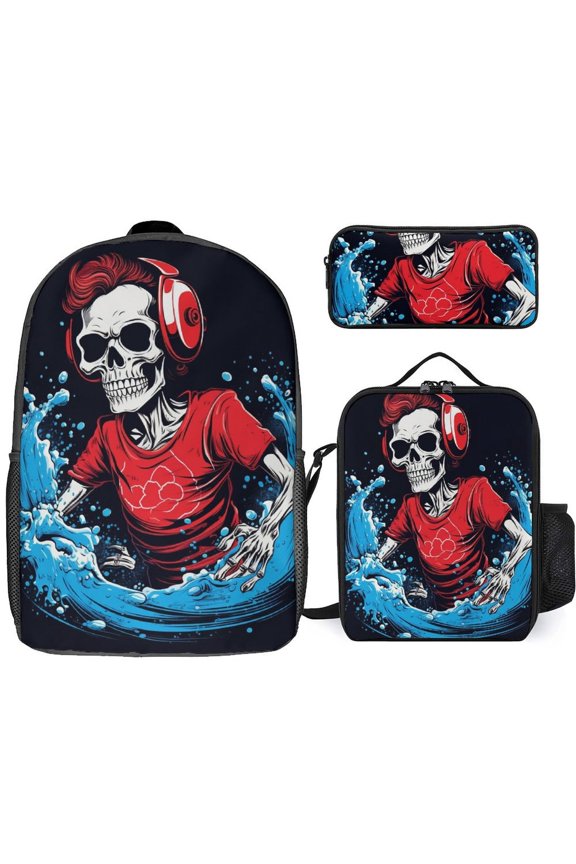 Skeleton DJ Riding Waves Backpack Bookbag Students Bags S Rucksack Lunch Bag Pen Bag Three-Piece Set