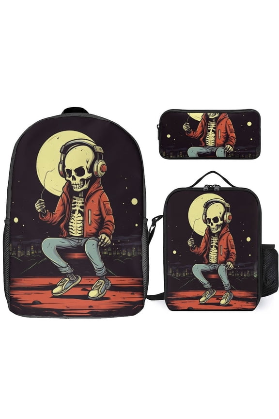 Skeleton DJ Under Moonlight Backpack Student BookBag Bag Shoulder Bags 3ps Insulated Lunch Bag Pencil Case