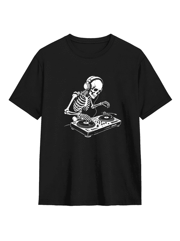 Skeleton DJ Vintage Graphic Tee For Men, Music Party Cotton Short Sleeves T-Shirt