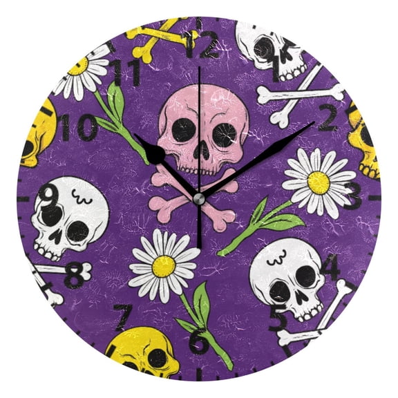 Skeleton Daisy Pattern Wall Clock 10in Round Artistic Oil Painting Home Decor Desk Table Clock