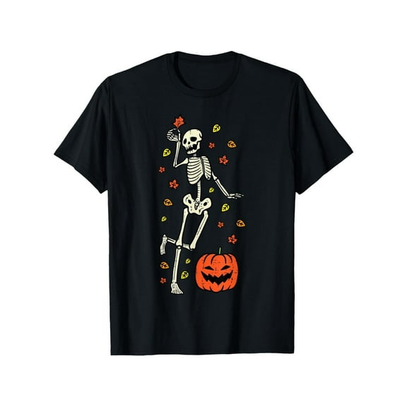 Skeleton Dance Pumpkin Graphic Tee Vintage Halloween Design Loose Fit Comfort Cotton T-Shirt Black S-5XL