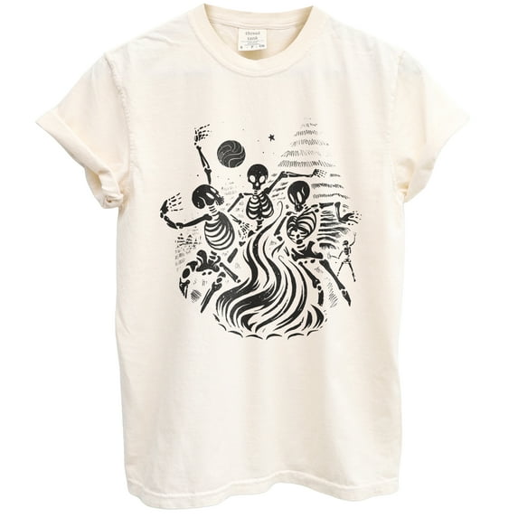 Skeleton Dancing Tree Fun Graphic Tee T-Shirts for Women Men, Short Sleeve Tops - Vintage Ivory
