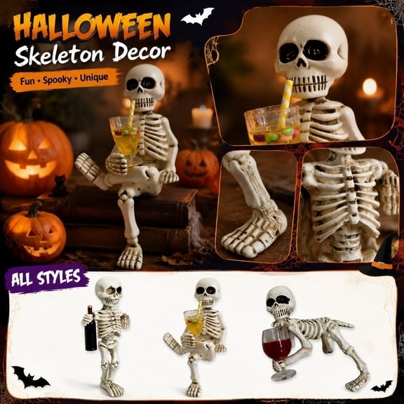 Skeleton Decor, Halloween Home Decor, Lying Skeleton Glass Holder Figurine, Spooky Skeleton Halloween Table Statuette, Bar Decorations for Home Counter, 3X3 Inch Lightweight Resin