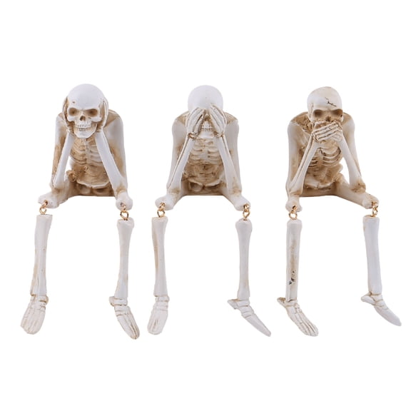 Skeleton Decor Resin Figurines Set of 3 with Hanging Legs for Shelf Table or Mantel, Gothic Halloween Indoor Ornament, See No Hear No Speak No Home Decoration
