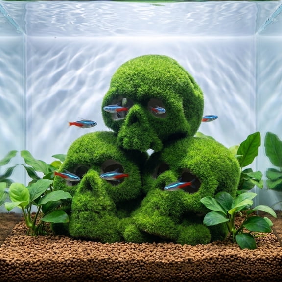 Skeleton Decoration 6X5.5X4 Inch Flocked Moss Skull Aquarium Hideout Gothic Home Decor Spooky Halloween Decor for Fish Tanks Haunted House 1 Piece
