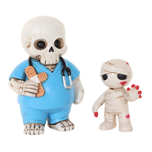 Skeleton Doctor and Mummy Halloween Resin Figurine Set, Playful Seasonal Tabletop Decor Pair for Shelf Styling, Desk Accent, Entryway Display, Party Scene