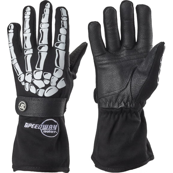 Speedway Motors Skeleton Double Layer Nomex Racing Gloves Size X-Large, Black Gauntlet Style with Leather Palm and Hook Loop Wrist Closure Not SFI Approved