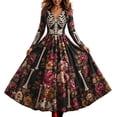 thumbnail image 1 of Skeleton Dress Long Sleeve V Neck Maxi Halloween Dresses for Women Spooky Skull Rose Gothic Festival Party Outfit, 1 of 4