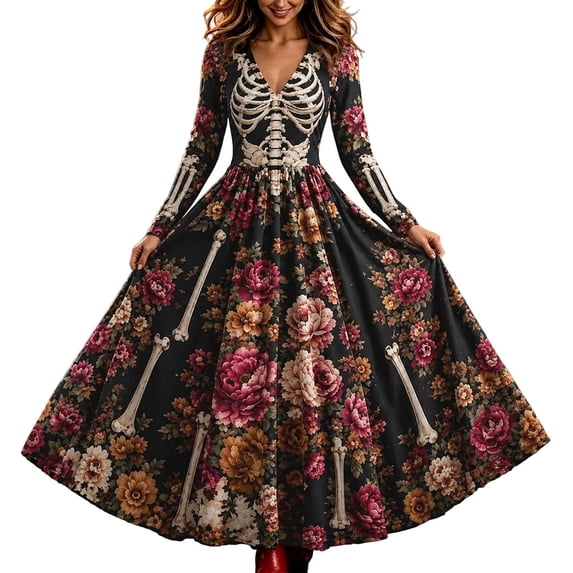 Skeleton Dress Long Sleeve V Neck Maxi Halloween Dresses for Women Spooky Skull Rose Gothic Festival Party Outfit