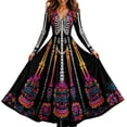 thumbnail image 1 of Skeleton Dress Long Sleeve V Neck Maxi Halloween Dresses for Women Spooky Skull Rose Gothic Festival Party Outfit, 1 of 4