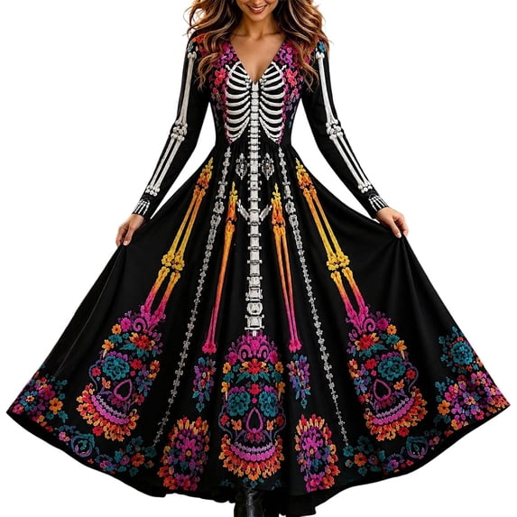 Skeleton Dress Long Sleeve V Neck Maxi Halloween Dresses for Women Spooky Skull Rose Gothic Festival Party Outfit