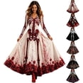 thumbnail image 1 of Skeleton Dress Long Sleeve V Neck Maxi Halloween Dresses for Women Spooky Skull Rose Gothic Festival Party Outfit, 1 of 4