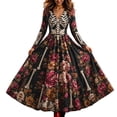 thumbnail image 1 of Skeleton Dress Long Sleeve V Neck Maxi Halloween Dresses for Women Spooky Skull Rose Gothic Festival Party Outfit, 1 of 4