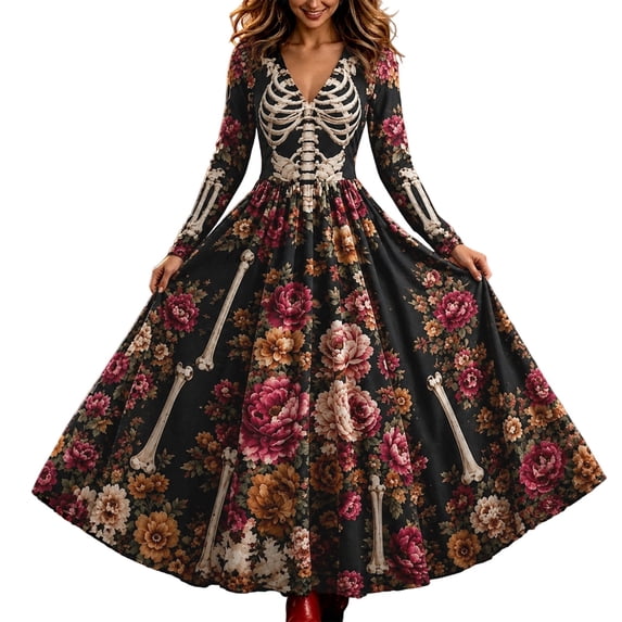 Skeleton Dress Long Sleeve V Neck Maxi Halloween Dresses for Women Spooky Skull Rose Gothic Festival Party Outfit