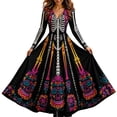 thumbnail image 1 of Skeleton Dress Long Sleeve V Neck Maxi Halloween Dresses for Women Spooky Skull Rose Gothic Festival Party Outfit, 1 of 4