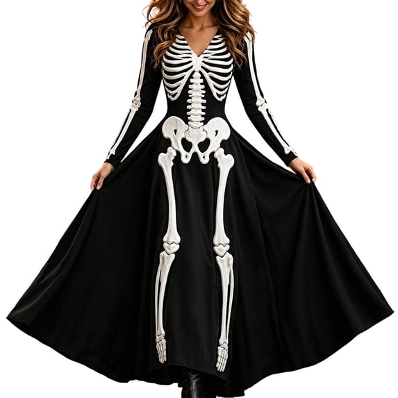 Skeleton Dress Long Sleeve V Neck Maxi Halloween Dresses for Women Spooky Skull Rose Gothic Festival Party Outfit