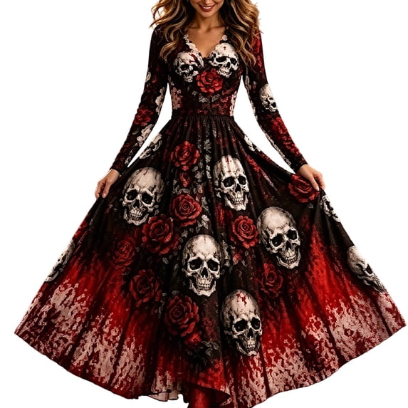 Skeleton Dress Long Sleeve V Neck Maxi Halloween Dresses for Women Spooky Skull Rose Gothic Festival Party Outfit